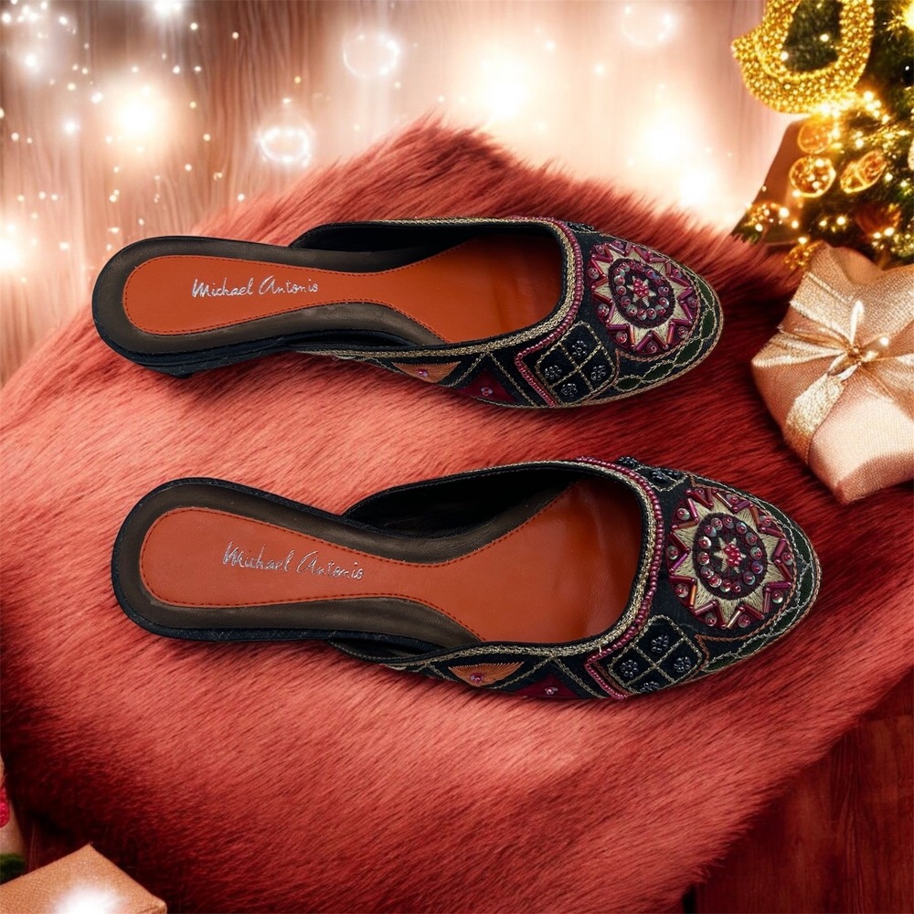 Michael Antonio Embroidered Mule Shoes Women's Size 6 Black Orange Beaded Flats